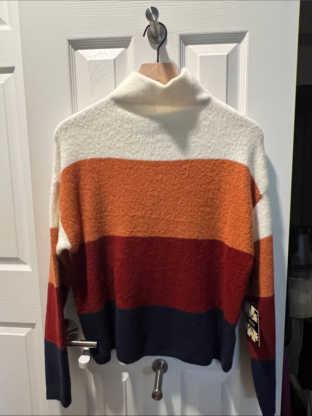 Women's Colorblock Turtleneck Sweater in Cream, Orange, Rust & Navy